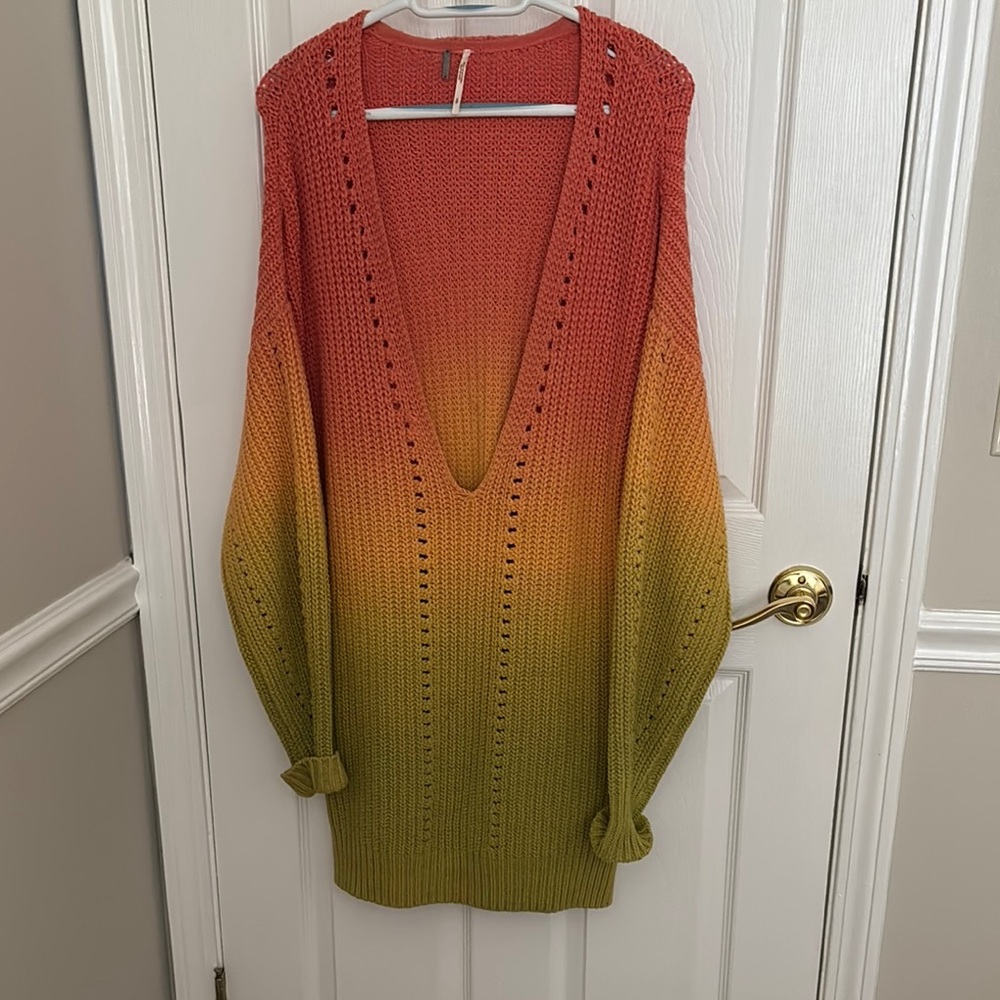 Free People V-Neck Sweater in Red and Green Ombre